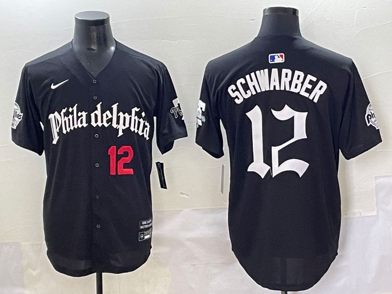 Men 2025 Philadelphia Phillies #12 Schwarber Black Five generations Joint Name Nike MLB Jersey style 2